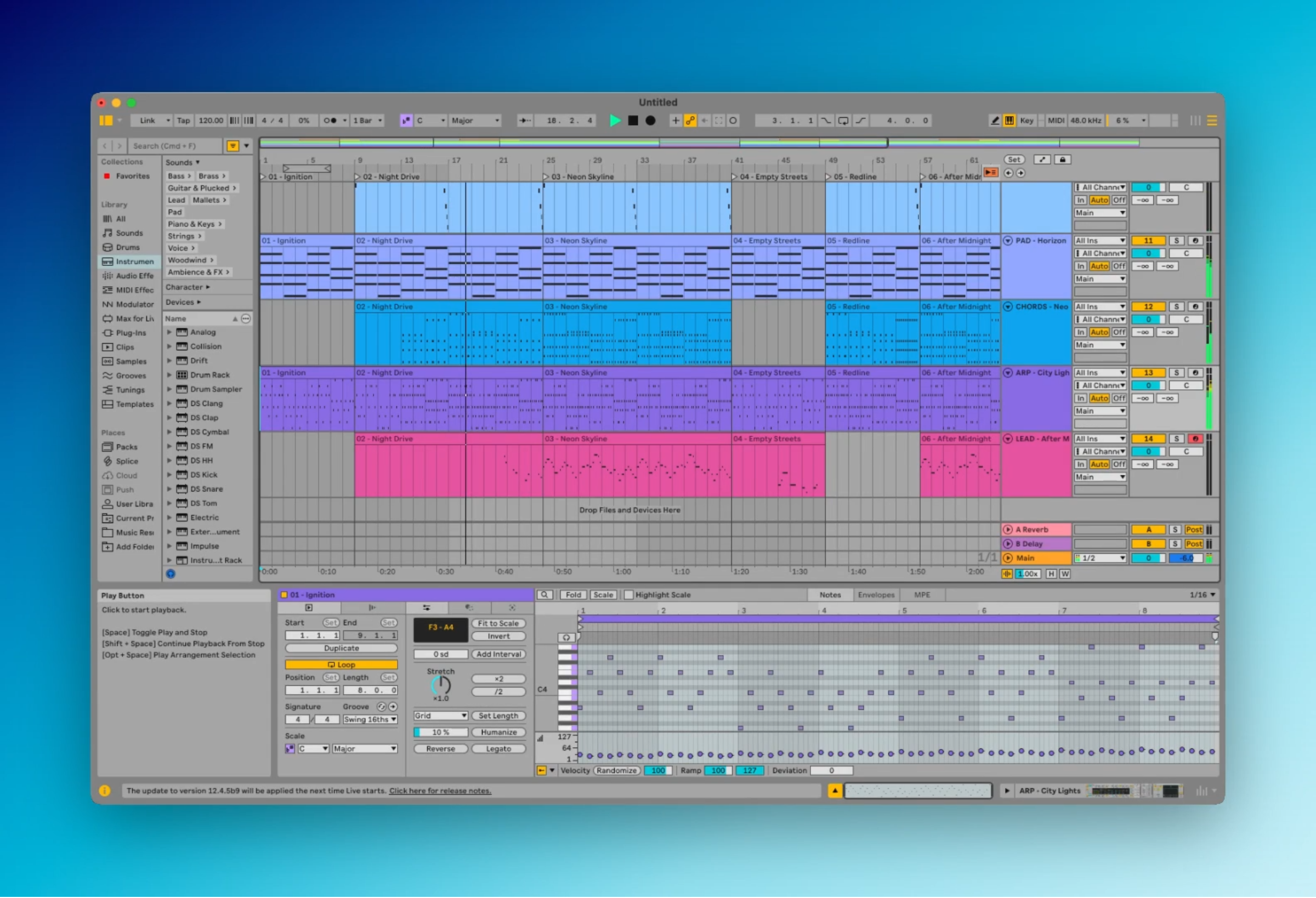 Ableton arrangement view with colored instrument tracks, named song sections, and a MIDI note editor.