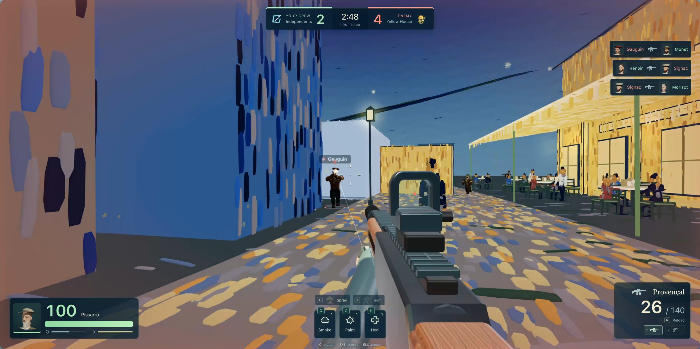 First-person view down a Gogh Strike street, with painterly patches of blue and yellow across buildings and pavement.