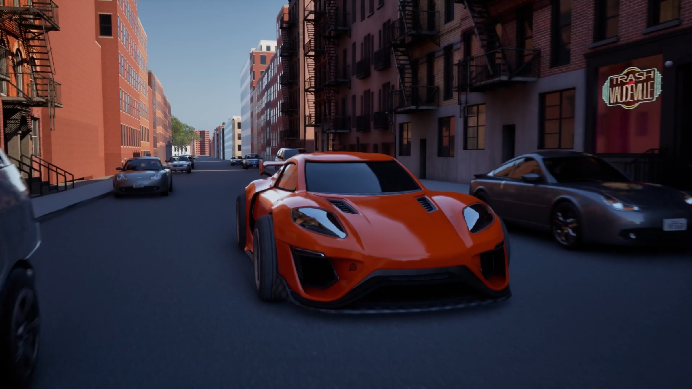An orange sports car on a detailed Manhattan street, with buildings and traffic.