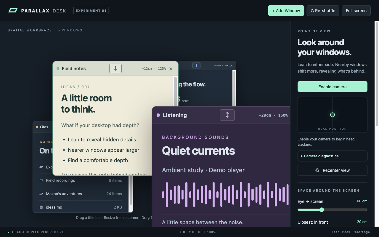 Overlapping notes, files, and code windows in Parallax Desk, with depth controls.
