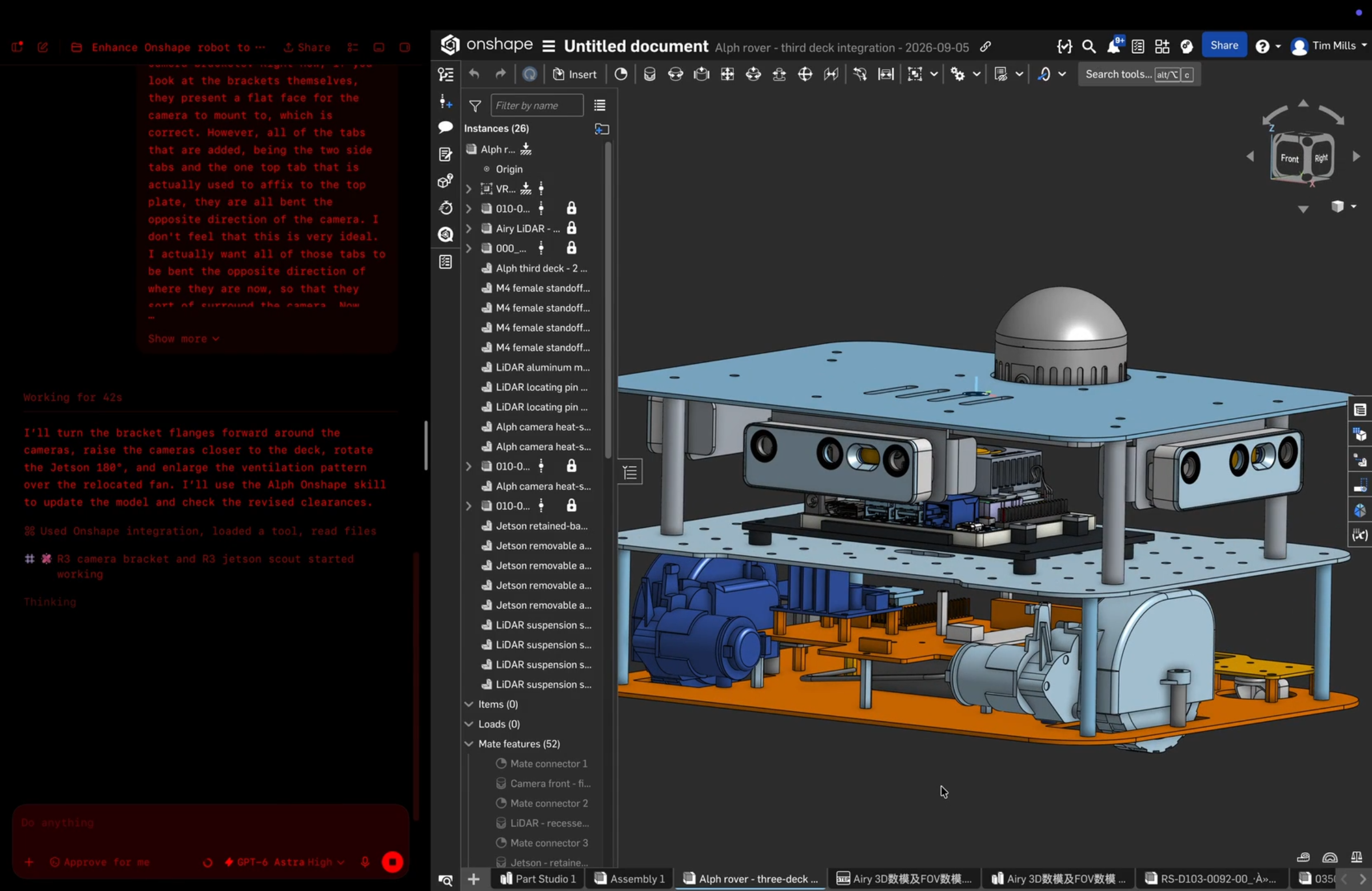 Onshape rover assembly beside the agent conversation, showing cameras, sensors, and stacked chassis plates.