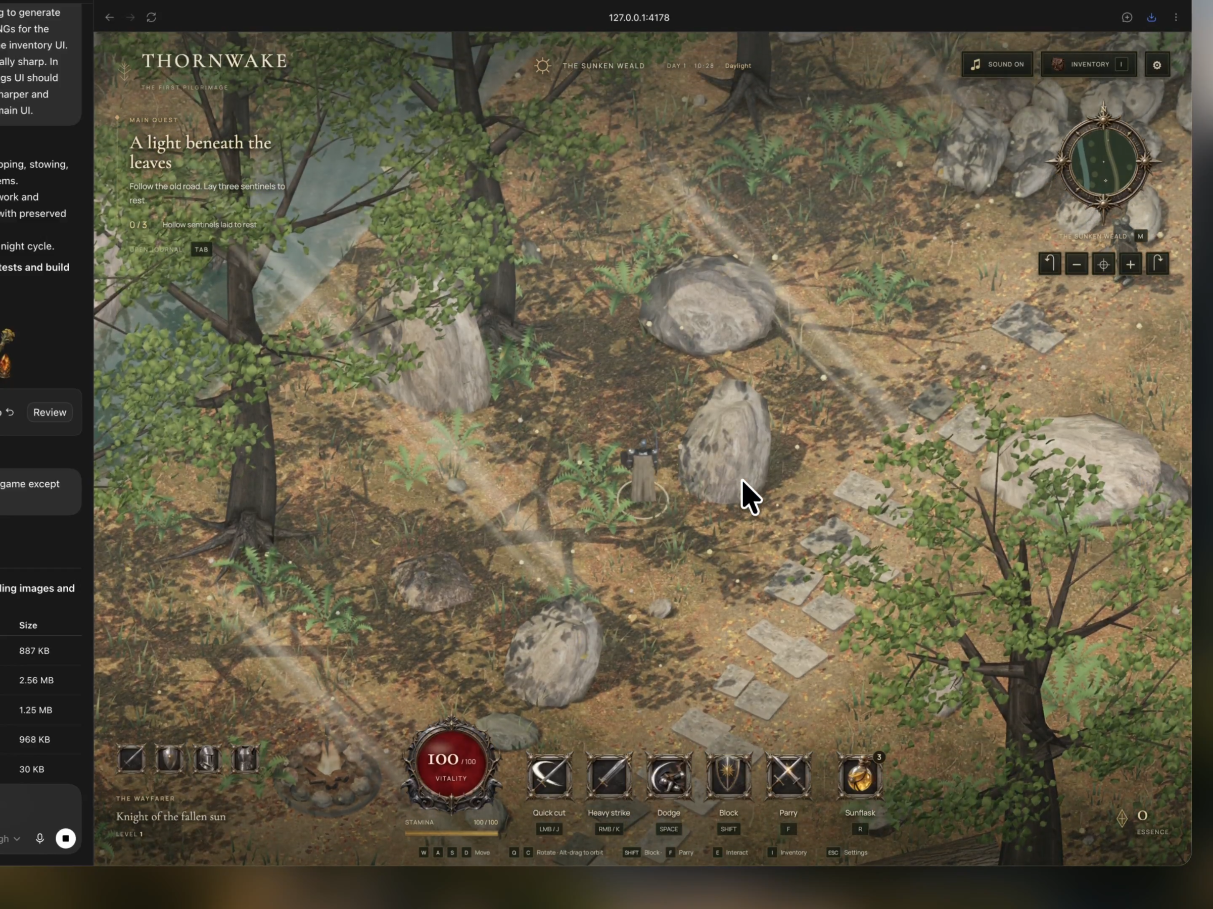 Thornwake gameplay showing a wooded stone path, character, quest, and ornamental action controls.