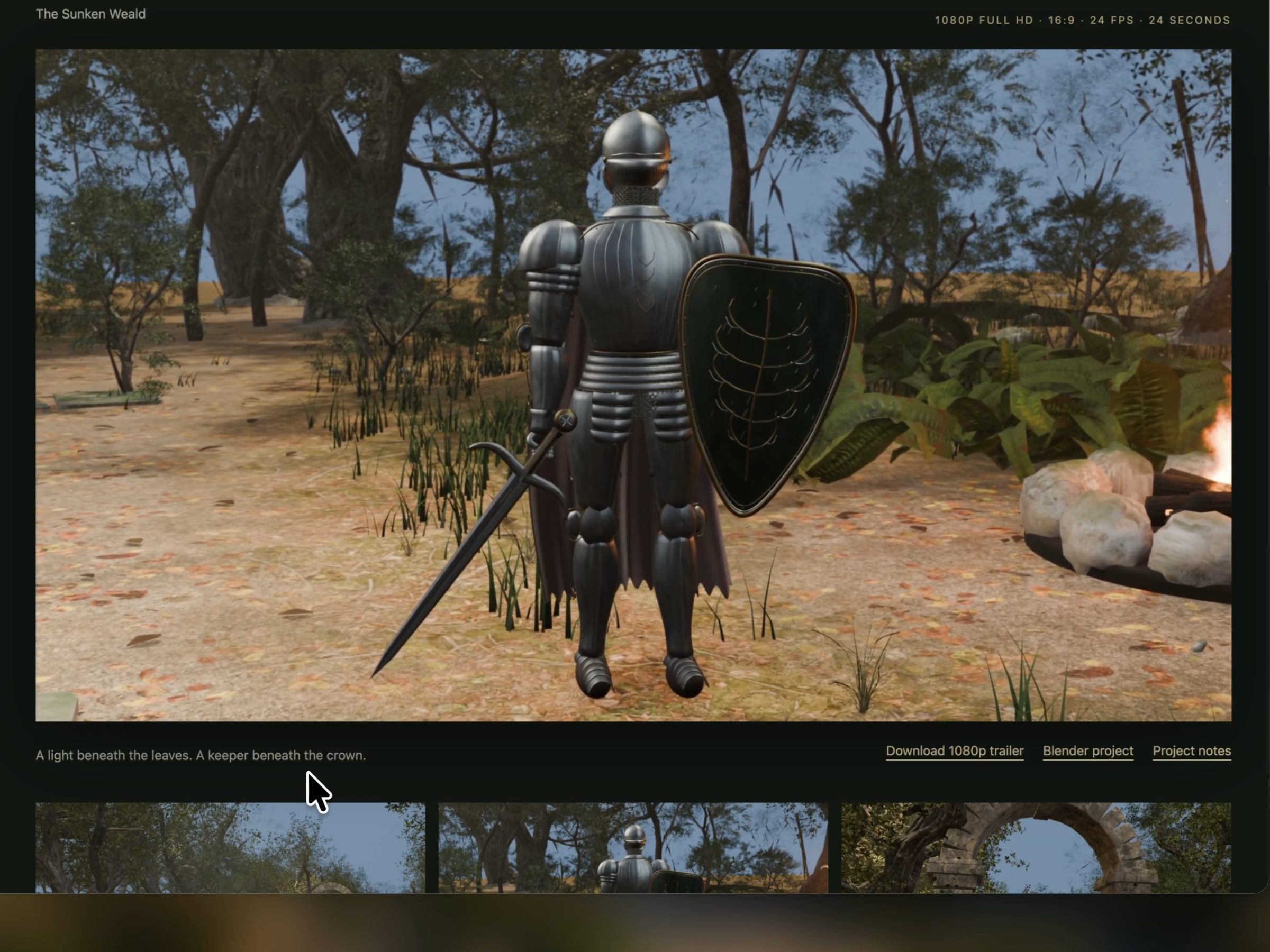 Armored Thornwake character holding a sword and shield in a forest scene from the trailer.