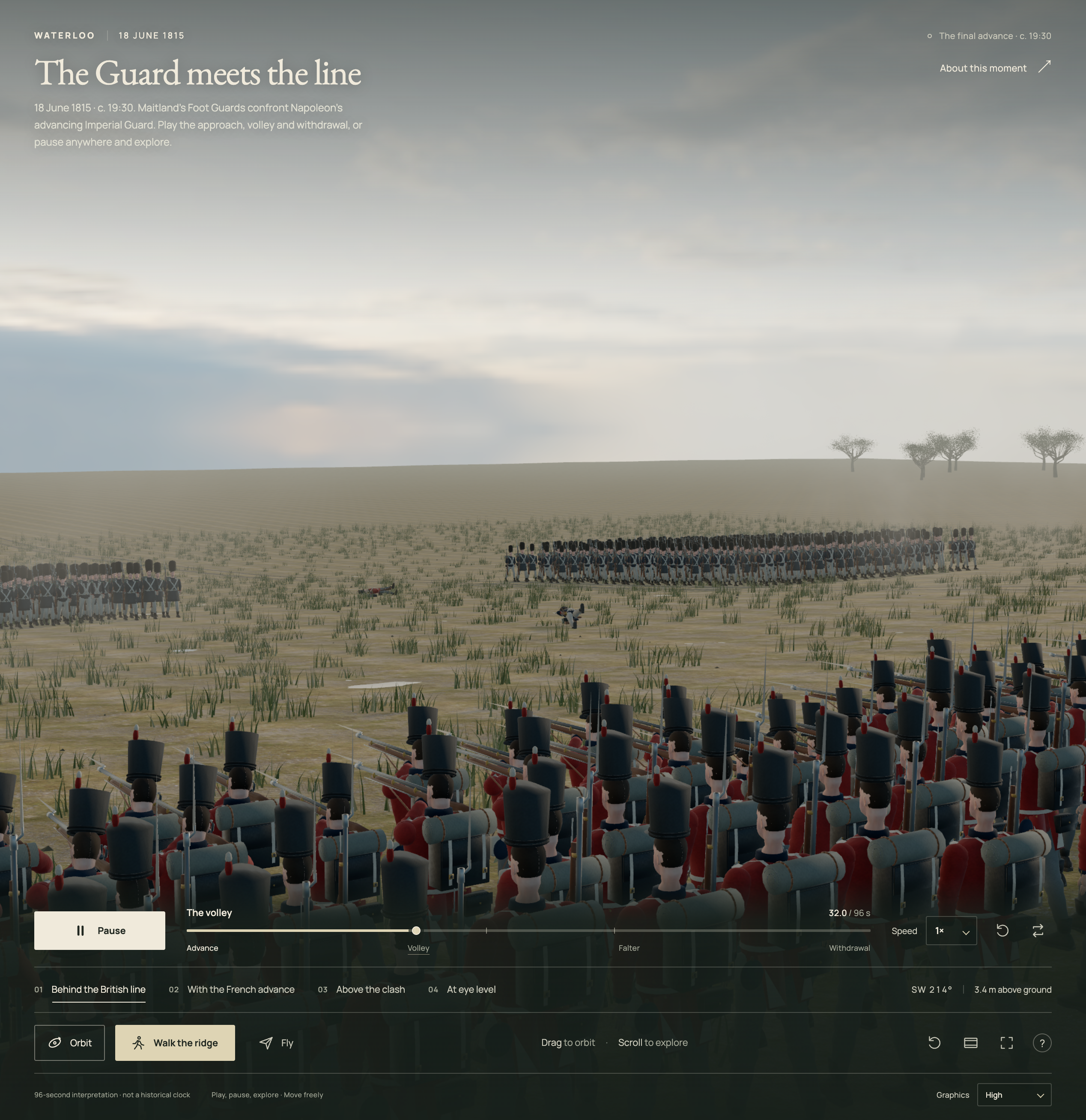 Waterloo reconstruction showing British troops in the foreground, a French formation across the field, and controls for time and viewpoint.
